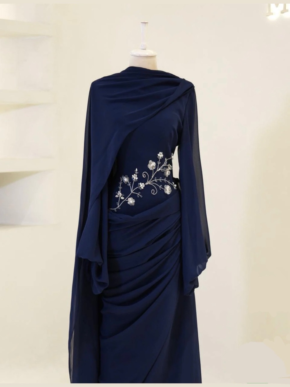 Navy Blue Long Sleeve Evening Dress with Silver Floral Embroidery